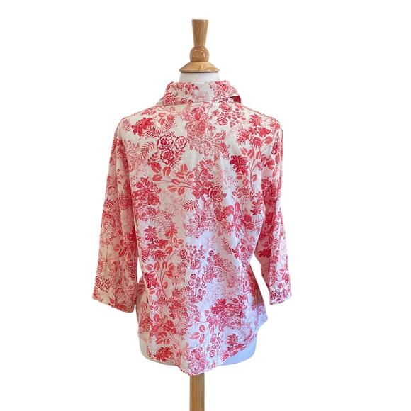 Coldwater Creek Cotton 3/4 Sleeve Button Down Shirt Red Floral, Swiss Dots, 1X - Picture 4 of 11